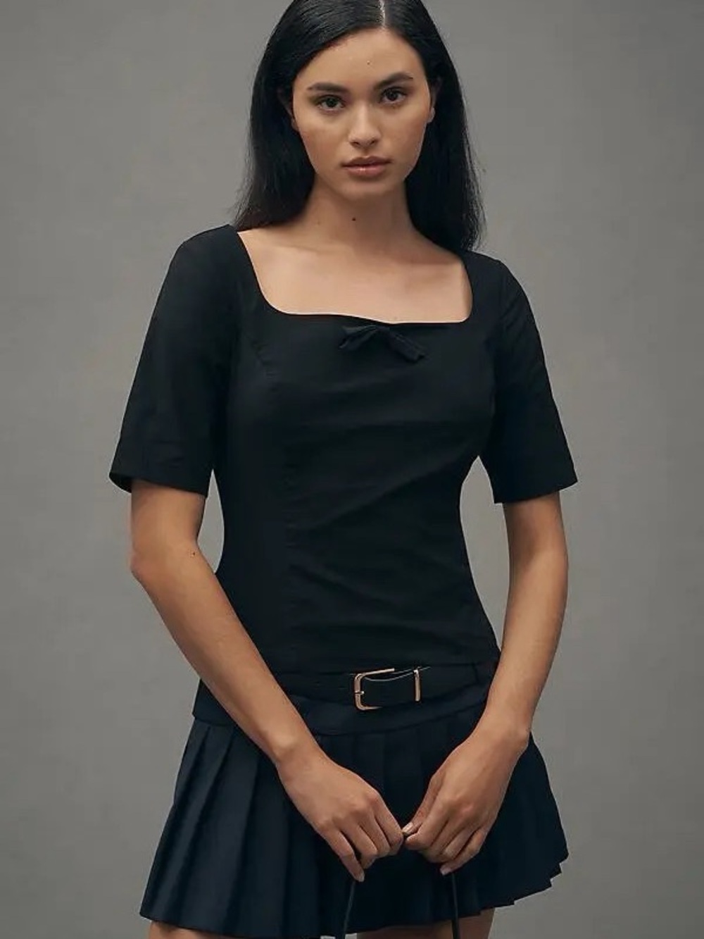 Anthropologie Maeve Short-Sleeve Square-Neck Bow Top Black XL Coquette Classic